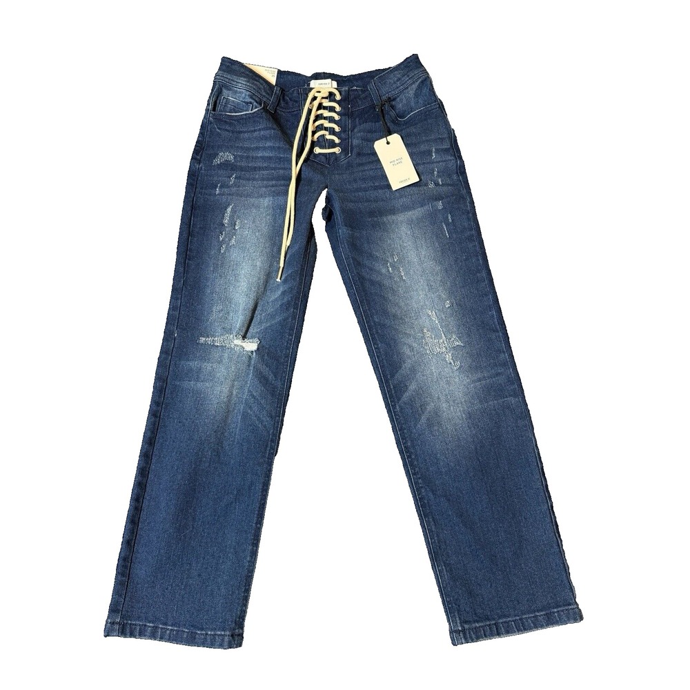 NWT Forever 21 Retro Flare Jeans Womens Size 25x24 Blue Denim Mid Rise Lace Up‎